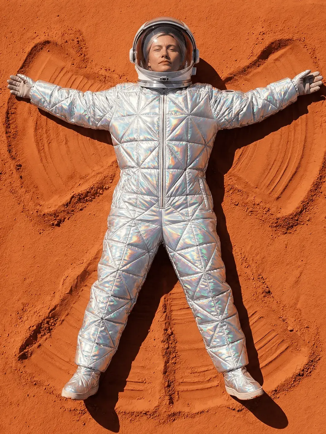 Starship passenger doing the snow angel on mars
